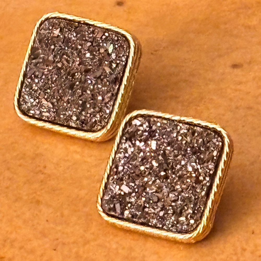 14k Yellow Gold & Silver Druzy Earrings